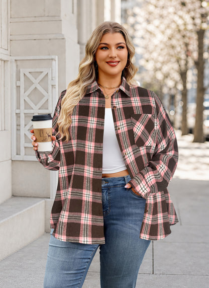 Plus Size Brown & Pink Plaid Button-Up Shirt G22