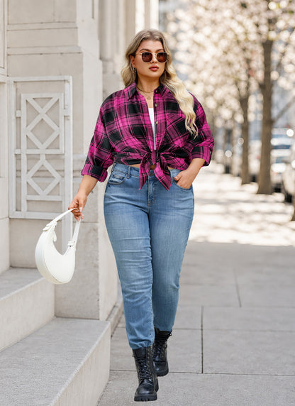 Plus Size Fuchsia Plaid Button-Up Shirt G21