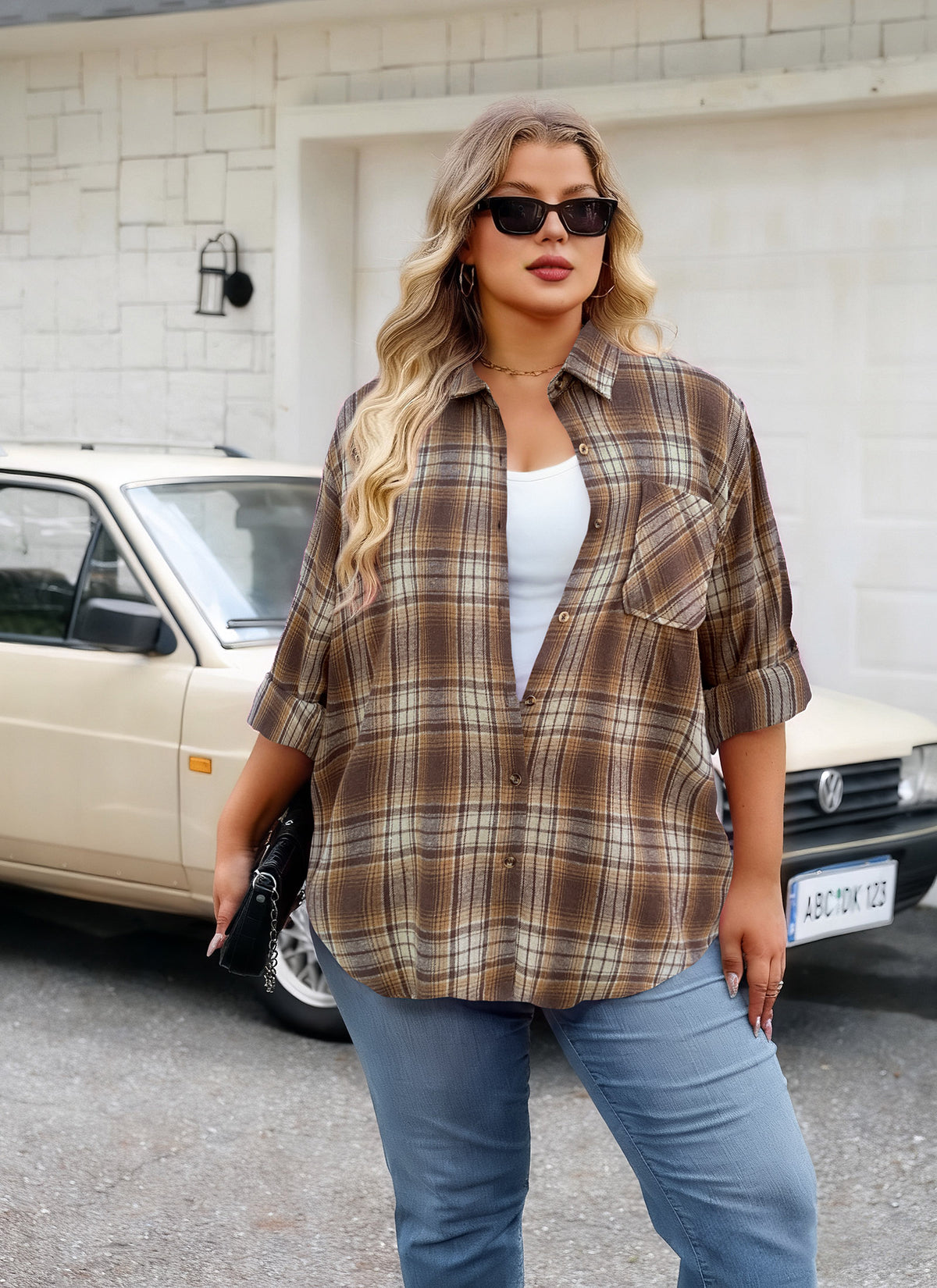 Plus Size Brown & Beige Plaid Button-Up Shirt