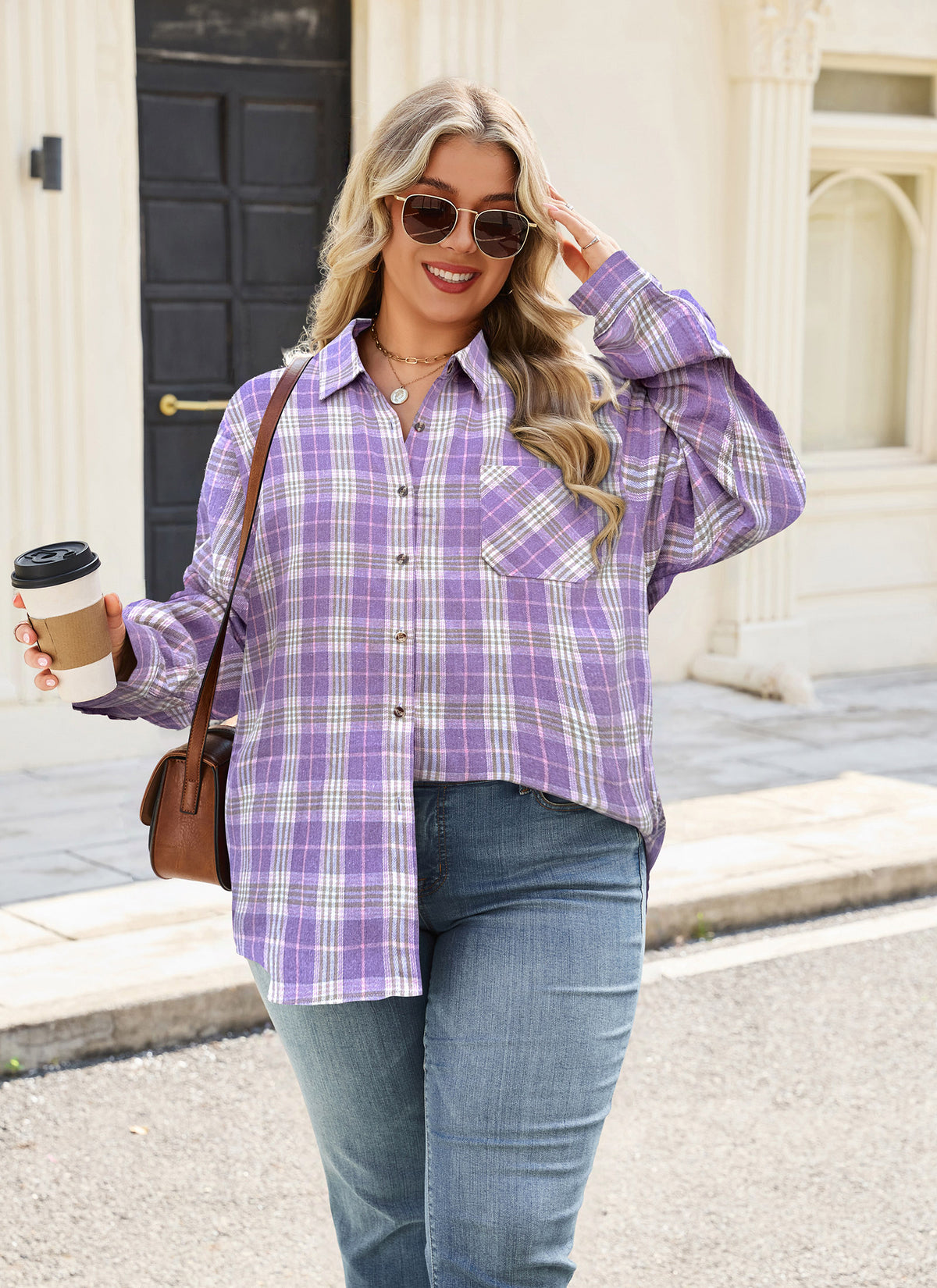Plus Size Lavender Plaid Button-Up Shirt F18