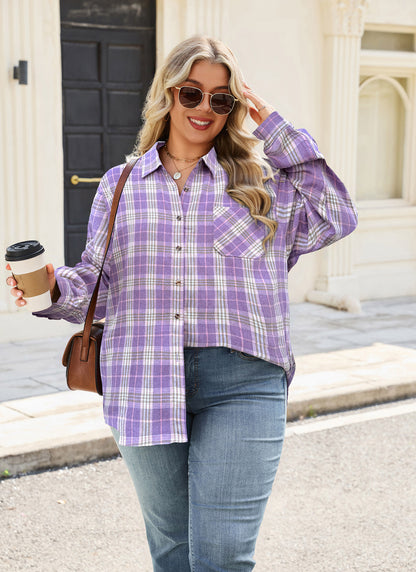 Plus Size Lavender Plaid Button-Up Shirt F18