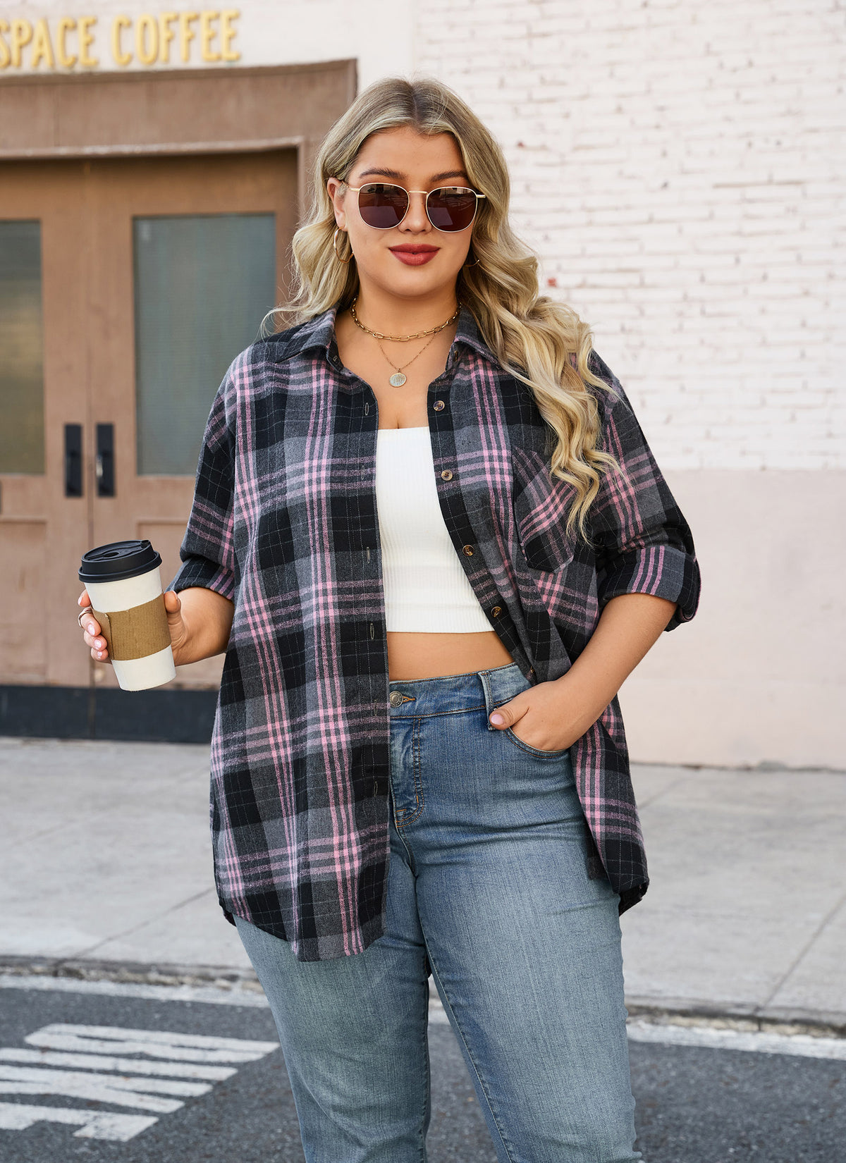 Plus Size Black & Pink Plaid Button-Up Shirt