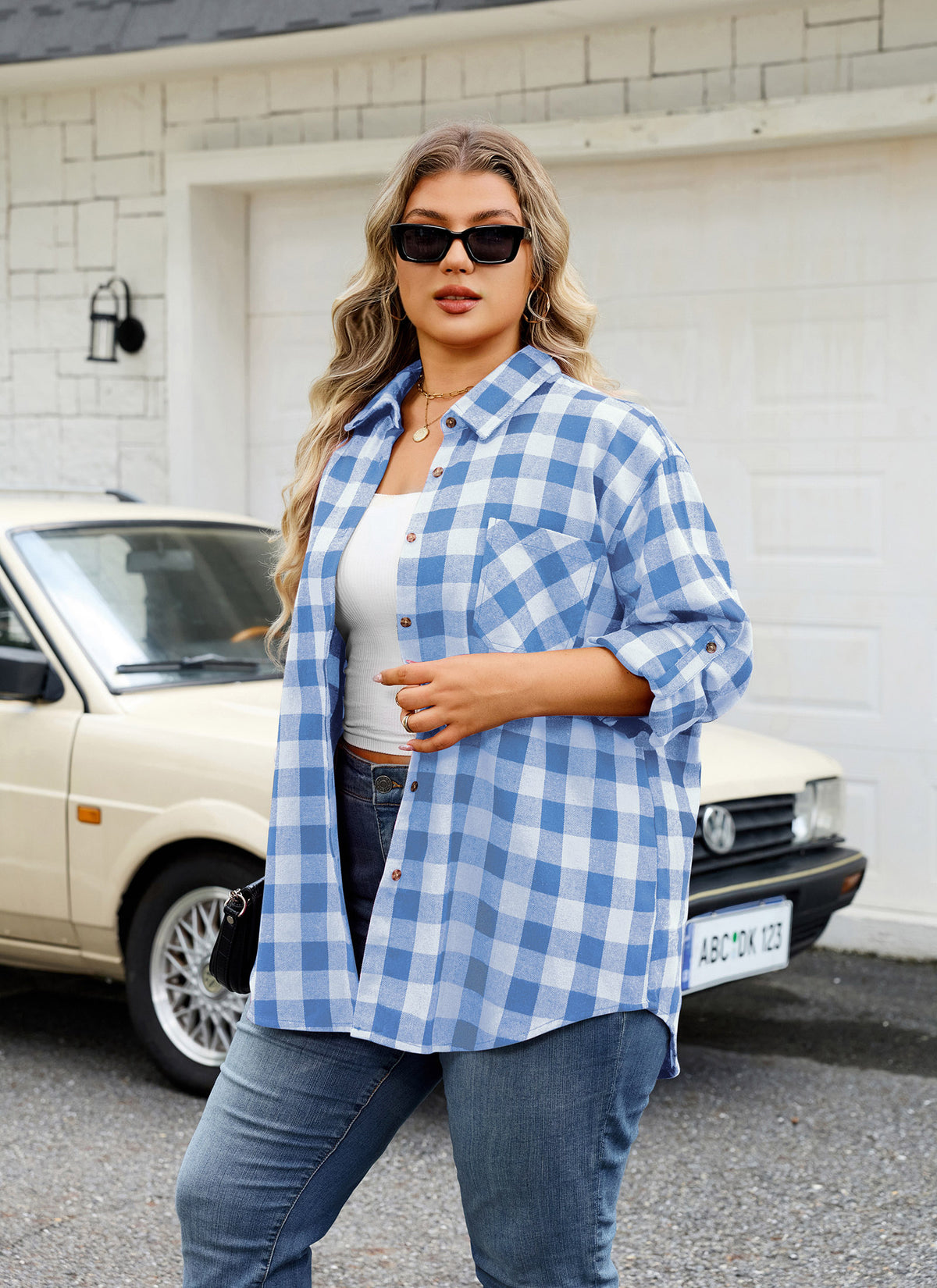 Plus Size Blue & White Buffalo Plaid Button-Up Shirt