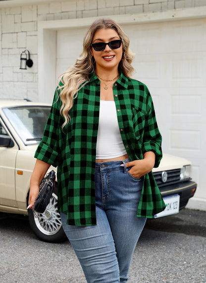 Plus Size Green Buffalo Plaid Button-Up Shirt