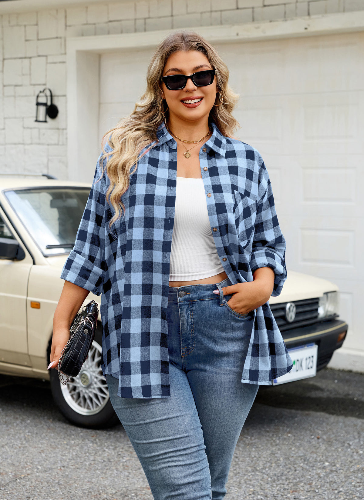 Plus Size Light Blue Buffalo Plaid Button-Up Shirt  F22