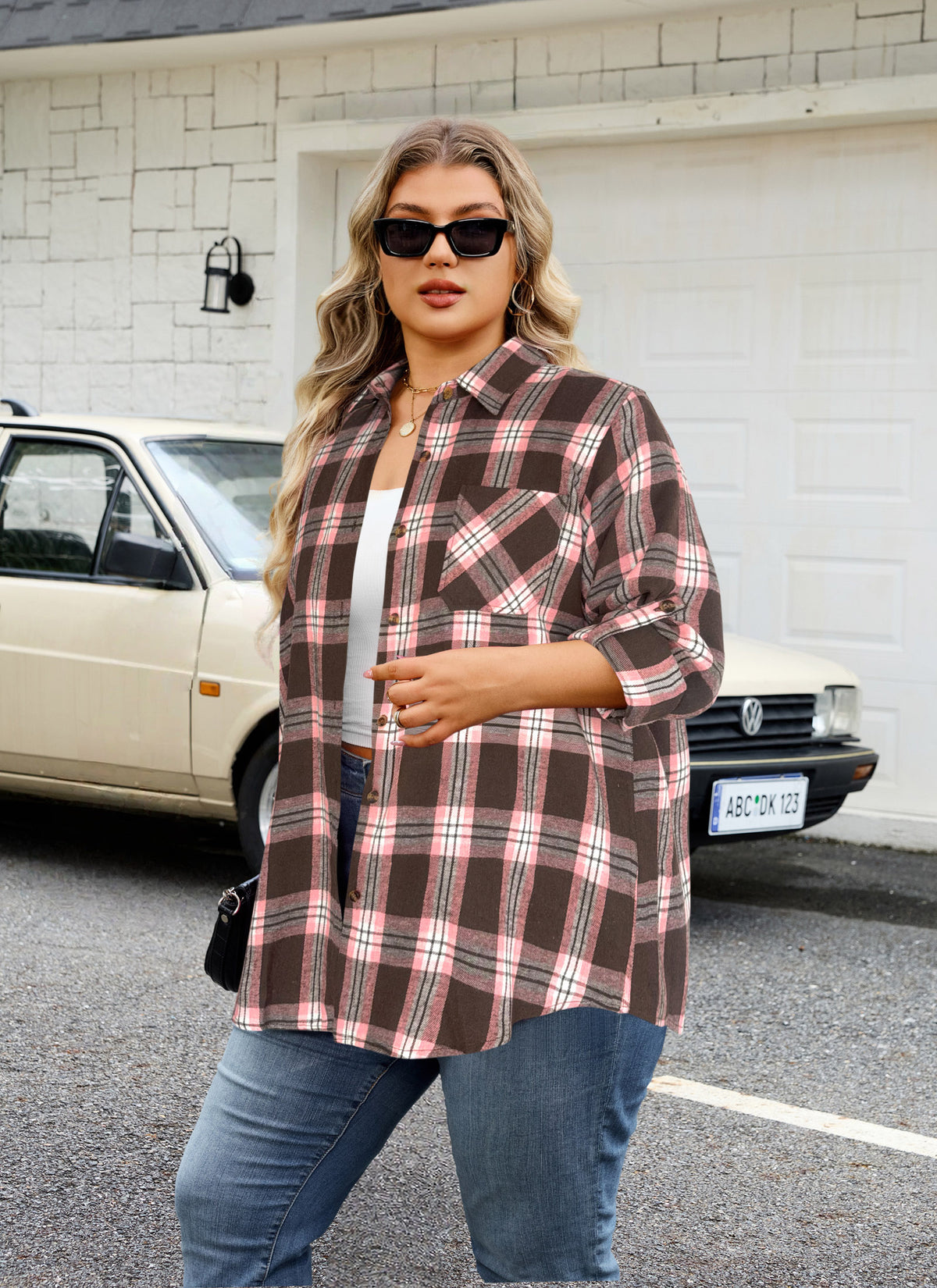 Plus Size Brown & Pink Plaid Button-Up Shirt G22