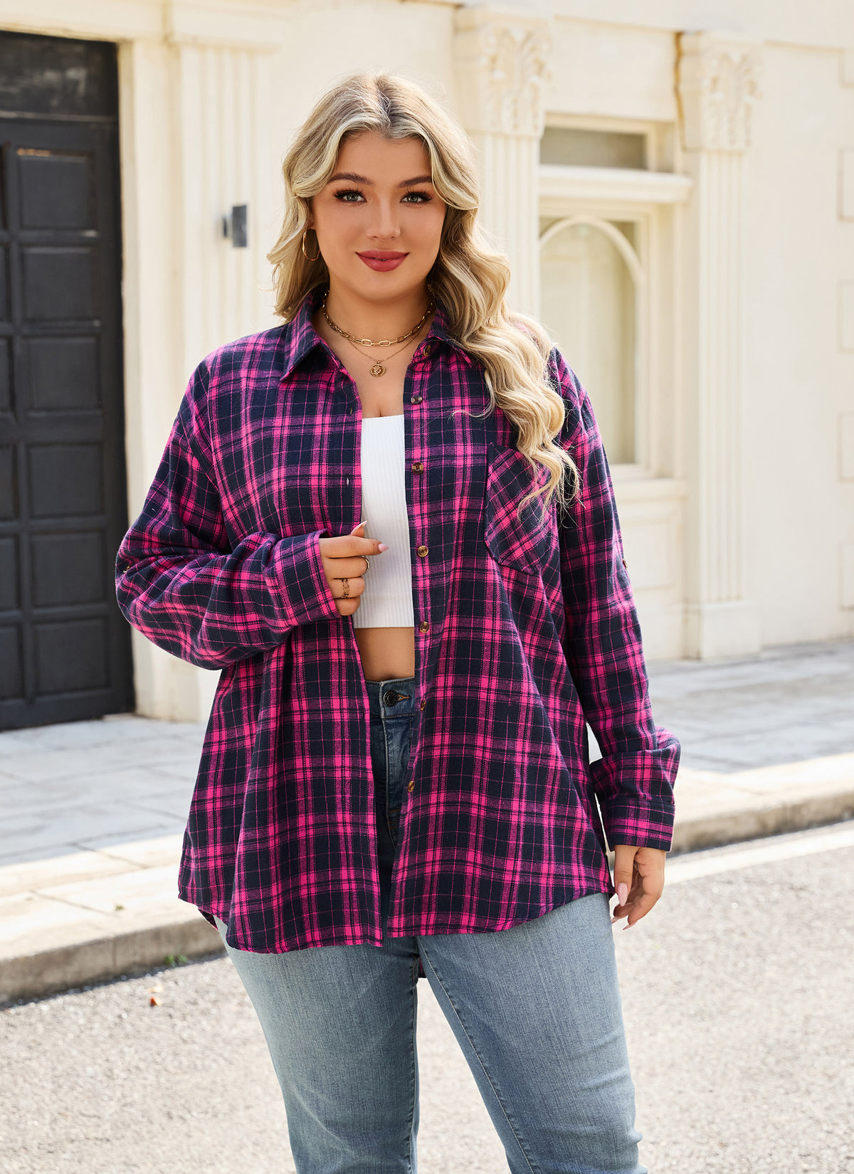 Plus Size Fuchsia & Navy Plaid Button-Up Shirt