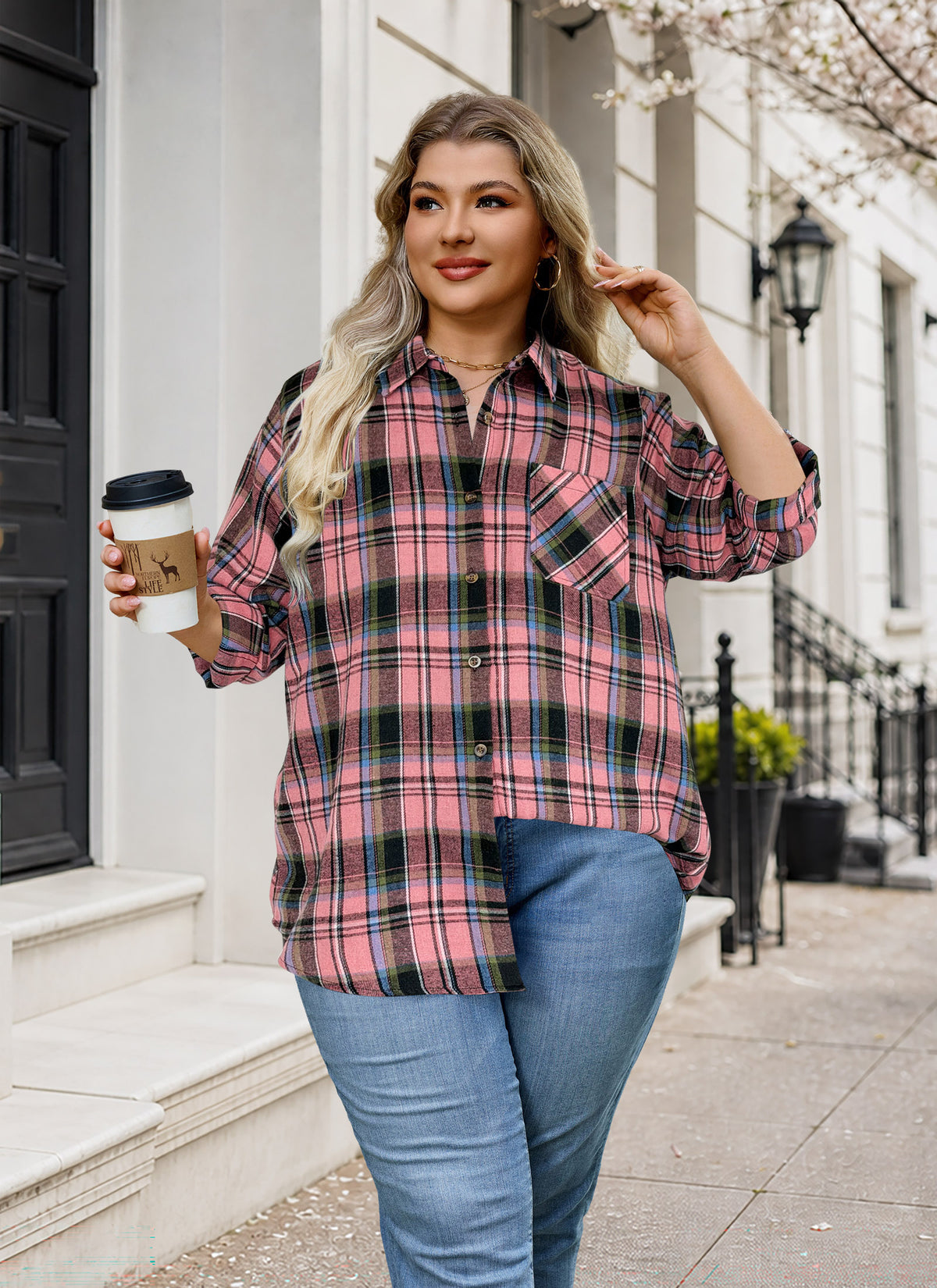 Plus Size Dusty Pink Plaid Button-Up Shirt G24