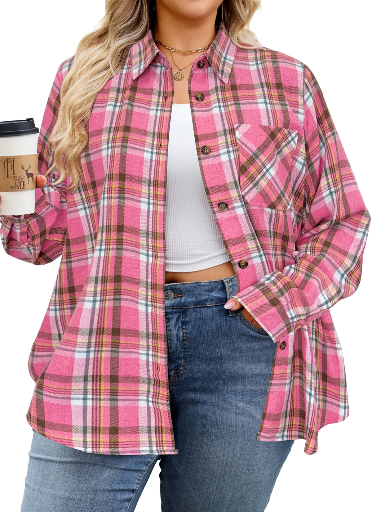 Plus Size Pink Plaid Button-Up Shirt. F21
