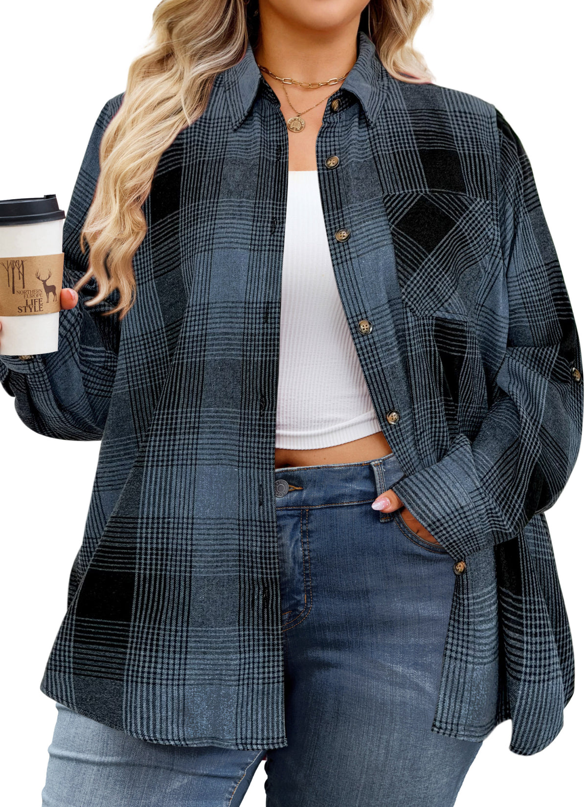 Plus Size Blue Gray Plaid Button-Up Shirt. F20