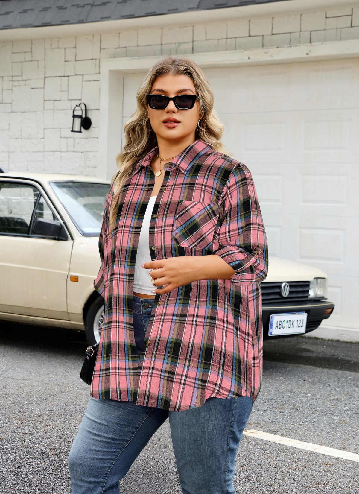 Plus Size Dusty Pink Plaid Button-Up Shirt G24