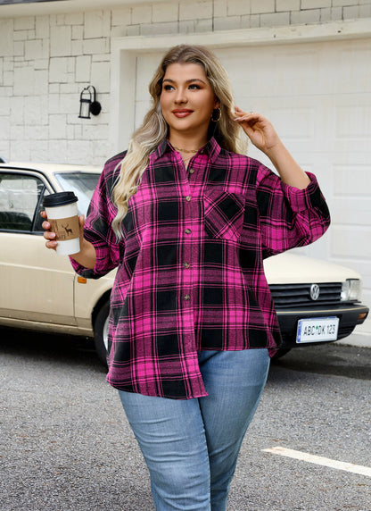 Plus Size Fuchsia Plaid Button-Up Shirt G21