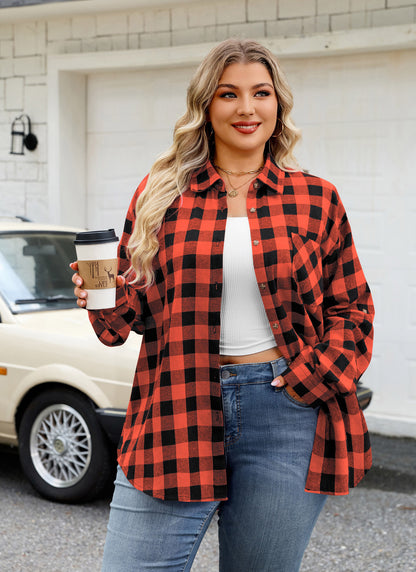 Plus Size Orange Red Buffalo Plaid Button-Up Shirt  F23