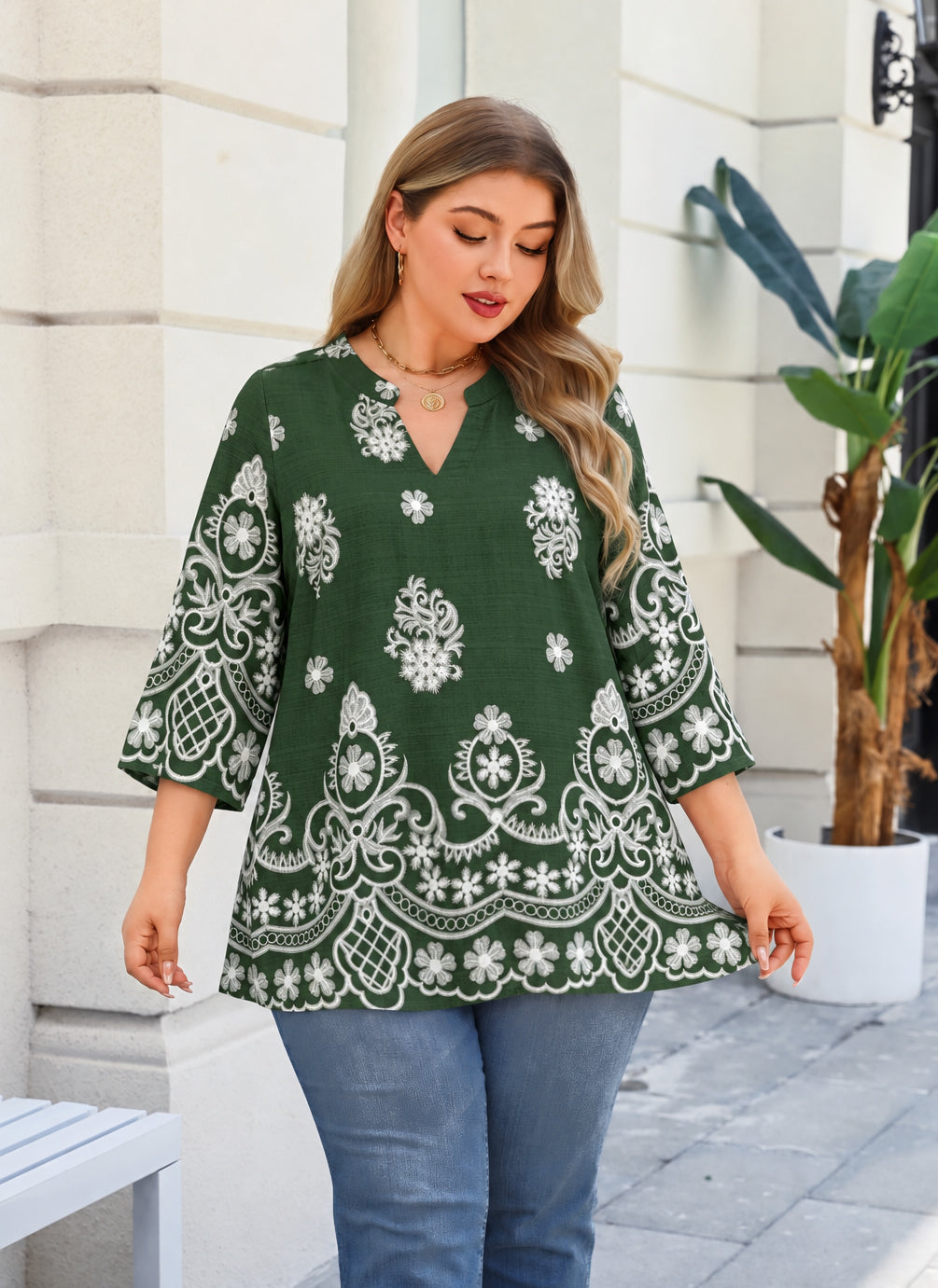 Plus Size Forest Green & White Border Print Tunic Top. L12