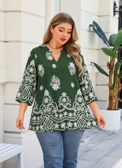 Plus Size Forest Green & White Border Print Tunic Top. L12