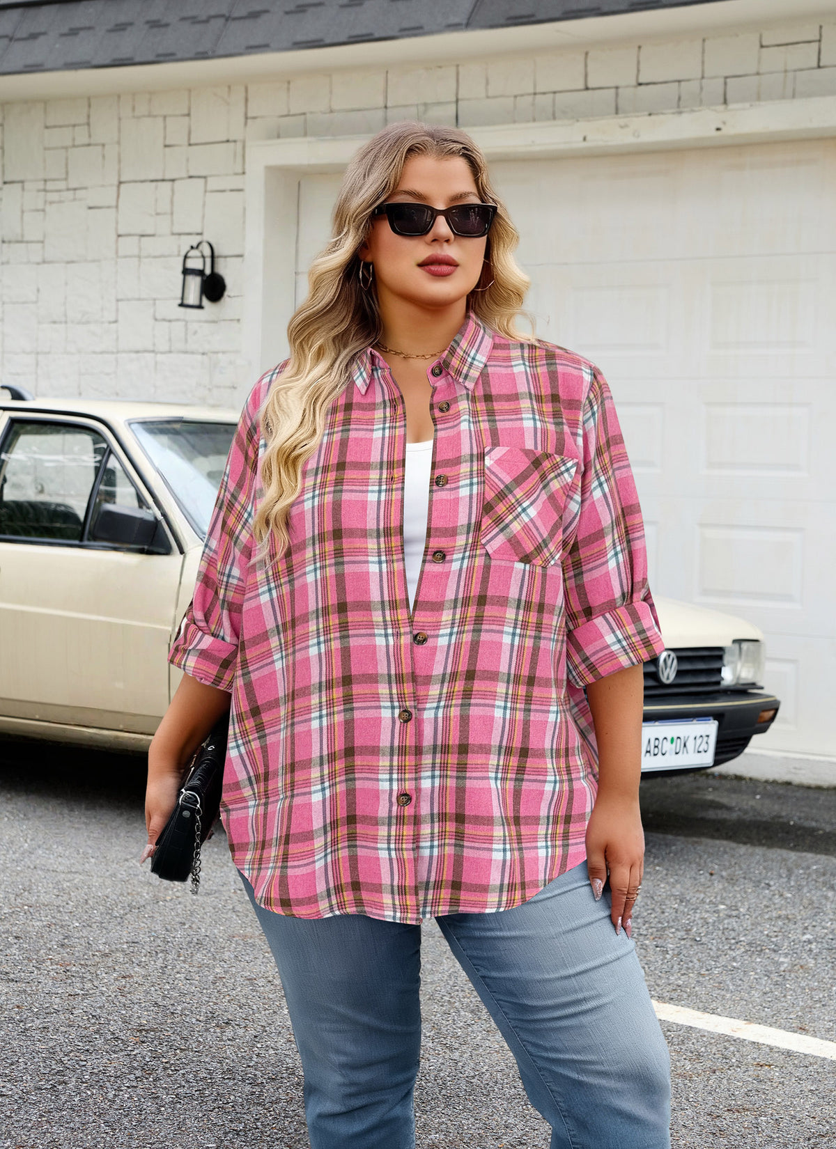 Plus Size Pink Plaid Button-Up Shirt. F21