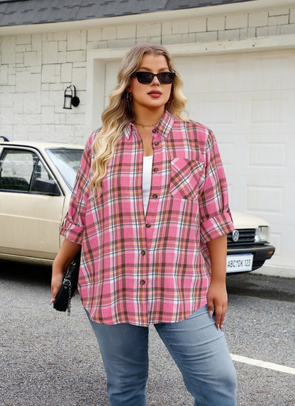 Plus Size Pink Plaid Button-Up Shirt. F21