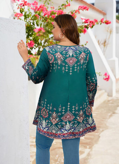 Women's Plus Size Teal & Blue Floral Tunic Top – 3/4 Sleeve Swing Flare Blouse d14