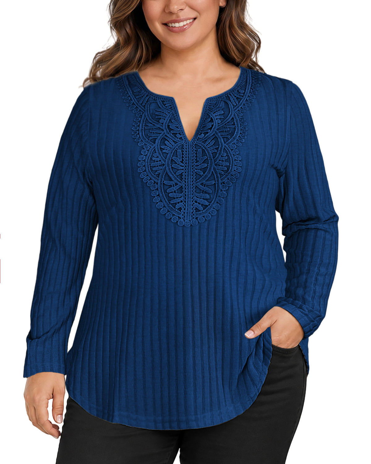 Plus Size Deep Blue Lace-Trim Tunic Top Q5