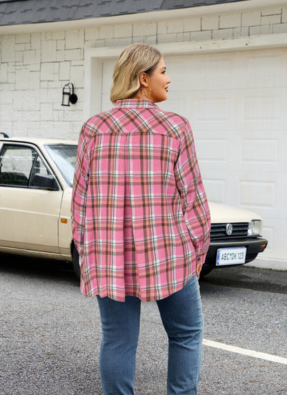 Plus Size Pink Plaid Button-Up Shirt. F21