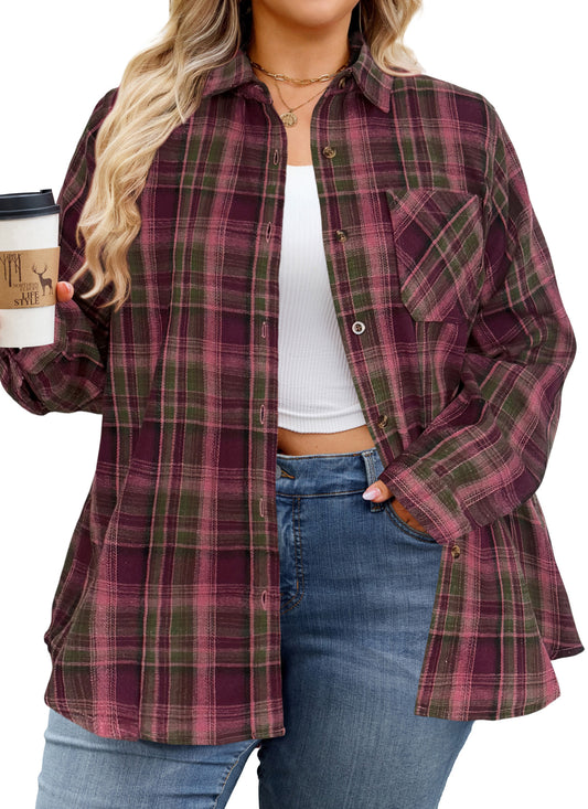 Plus Size Burgundy Plaid Button-Up Shirt G20