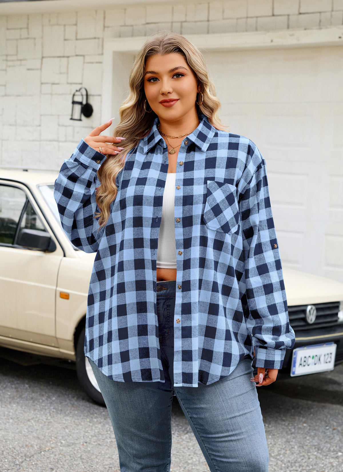 Plus Size Light Blue Buffalo Plaid Button-Up Shirt  F22