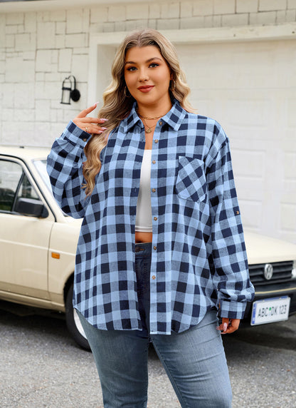 Plus Size Light Blue Buffalo Plaid Button-Up Shirt  F22