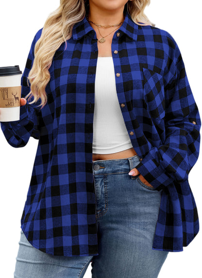 Plus Size Blue Buffalo Plaid Button-Up Shirt G18