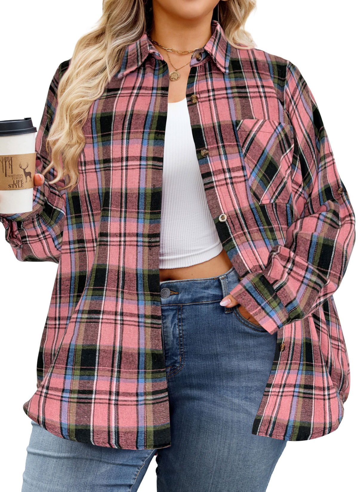 Plus Size Dusty Pink Plaid Button-Up Shirt G24