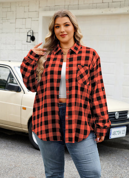Plus Size Orange Red Buffalo Plaid Button-Up Shirt  F23