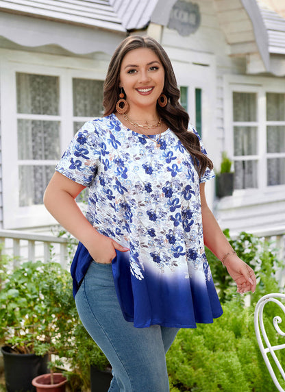Women's Plus Size Floral Tunic Top – Short Sleeve, Flowy Swing Blouse to Wear with Leggings b30