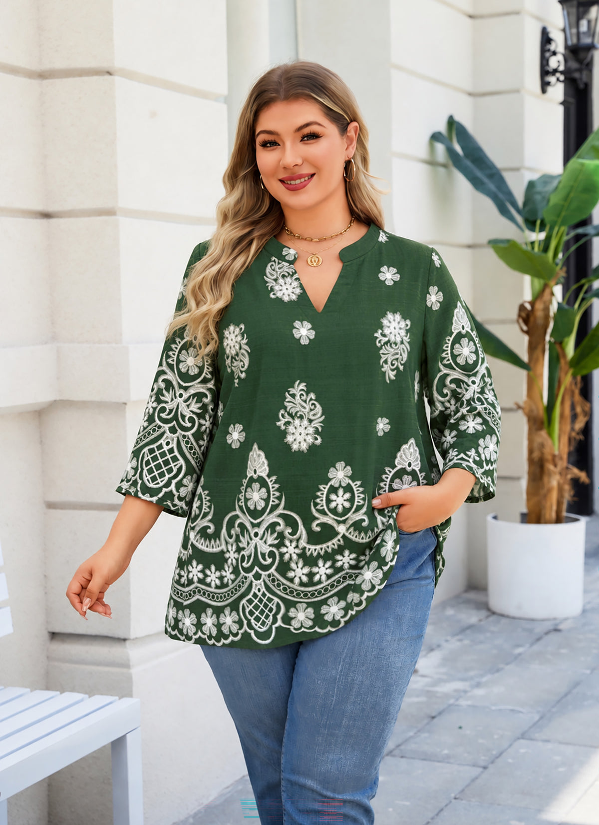 Plus Size Forest Green & White Border Print Tunic Top. L12
