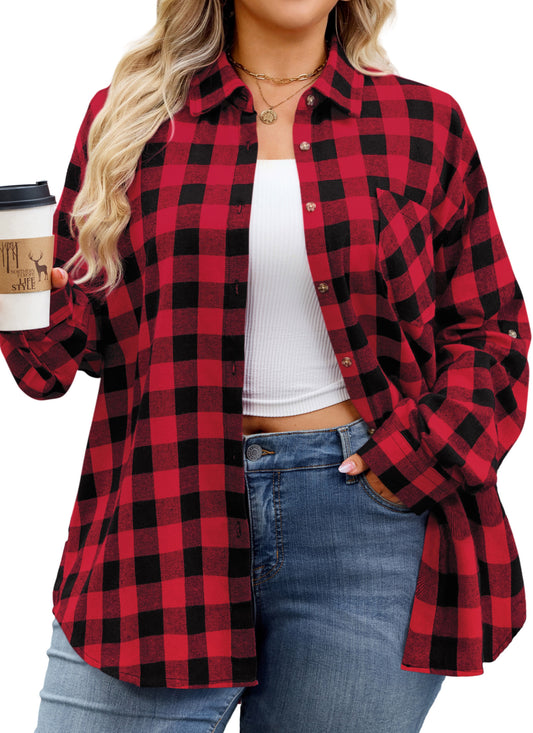 Womens Plus Size Flannel Shirts Long Sleeve Button Down Plaid Shirt Roll Up Oversize Checkered Blouse Top Fall I