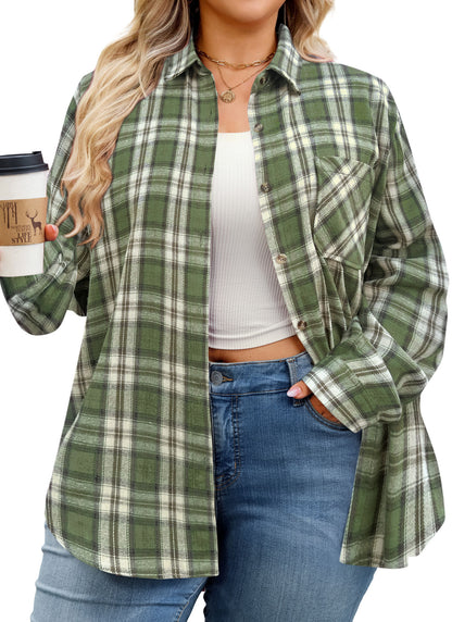 Plus Size Olive Green Plaid Button-Up Shirt G11