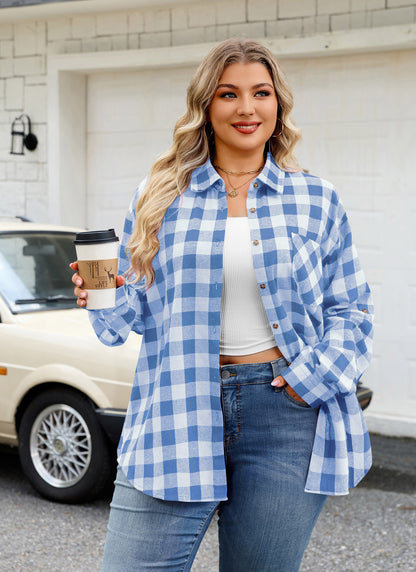 Plus Size Blue & White Buffalo Plaid Button-Up Shirt