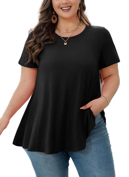 Tunic Tops for Women Plus Size Short Sleeve Crew Neck Swing Flare Loose T-Shirt Blouses to Wear with Leggings