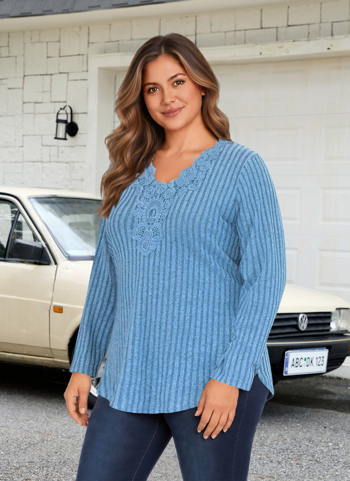 Plus Size Light Blue Lace-Trim Ribbed Tunic Top R3