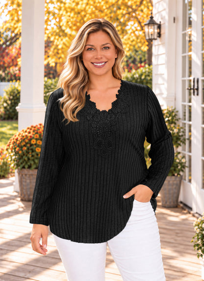 Plus Size Black Lace V-Neck Ribbed Tunic Top