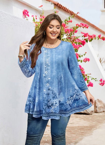 Women's Light Blue Plus Size Swing Tunic Top – 3/4 Sleeve Flowy Blouse A46