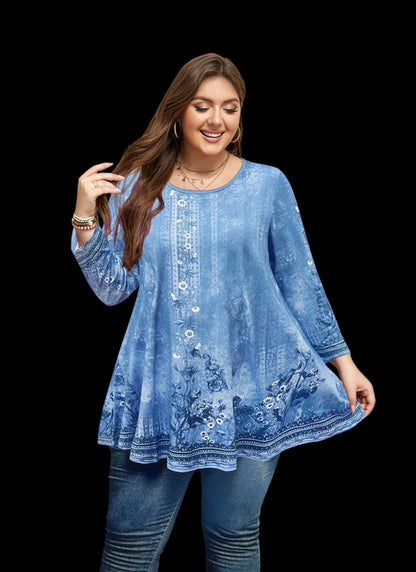 Women's Light Blue Plus Size Swing Tunic Top – 3/4 Sleeve Flowy Blouse A46