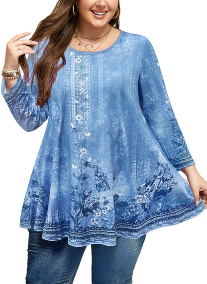 Women's Light Blue Plus Size Swing Tunic Top – 3/4 Sleeve Flowy Blouse A46