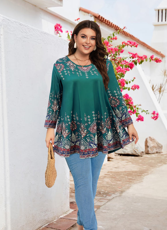 Women's Plus Size Teal & Blue Floral Tunic Top – 3/4 Sleeve Swing Flare Blouse d14