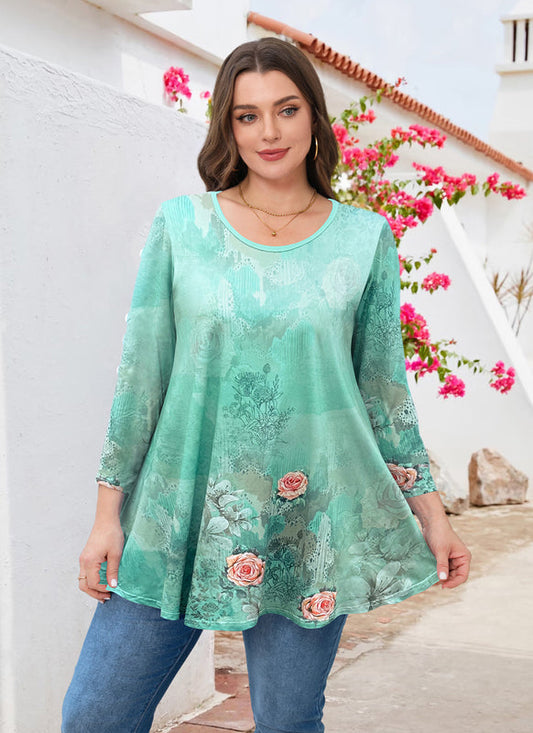 Women's Plus Size Tunic Top | 3/4 Sleeve Blue Floral Print Swing Flare Blouse A39