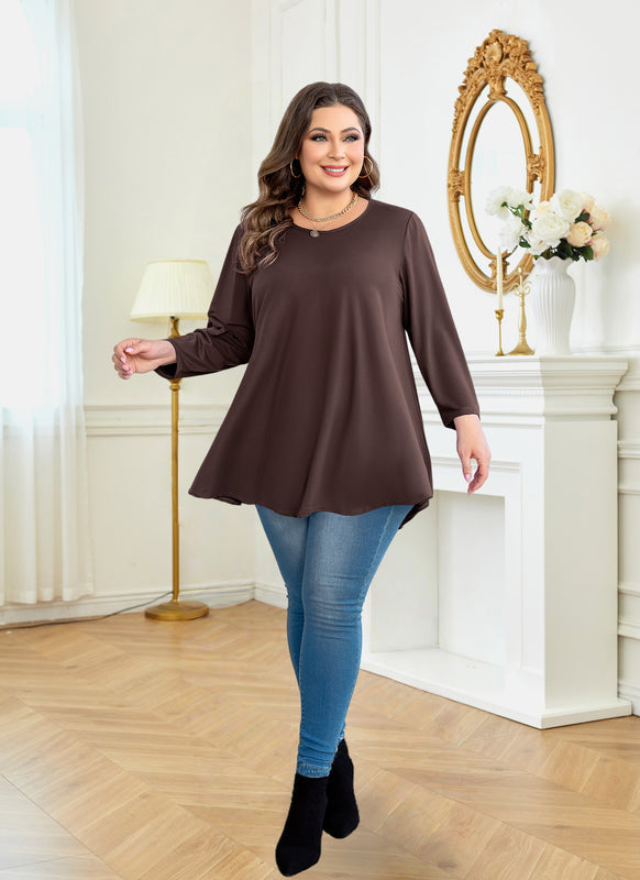 Women's Plus Size Tunic Top | 3/4 Sleeve Brown Swing Flare Blouse for Leggings S-7XL A42