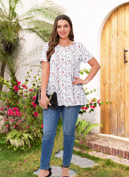 Women's Plus Size White Floral Tunic Top – Short Sleeve, Flowy Swing Blouse to Wear with Leggings b32