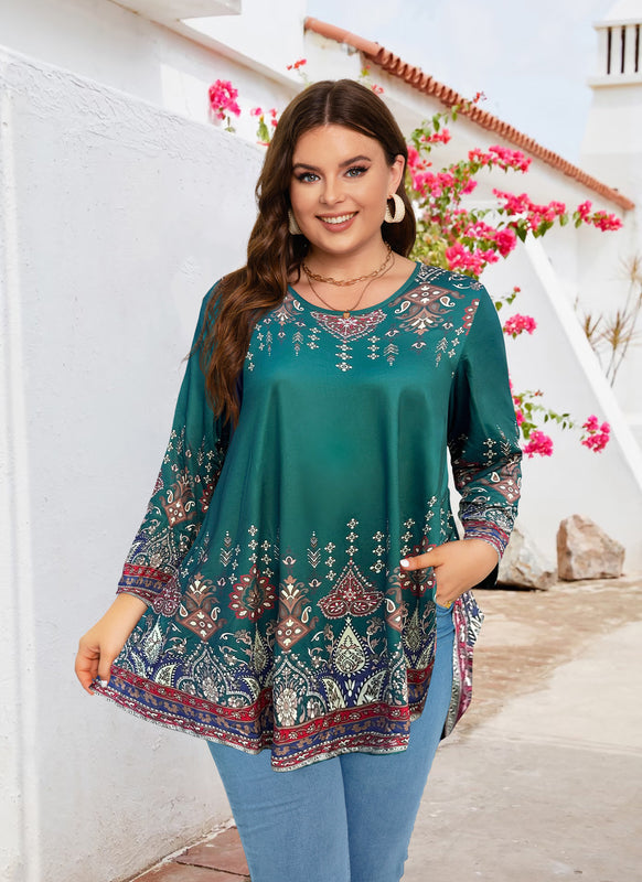 Women's Plus Size Teal & Blue Floral Tunic Top – 3/4 Sleeve Swing Flare Blouse d14
