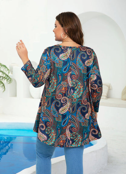 Women's Plus Size Navy Paisley Print Tunic Top | 3/4 Sleeve Swing Blouse with Pockets, Hi-Low Hem, Wear with Leggings – S to 6XL A15