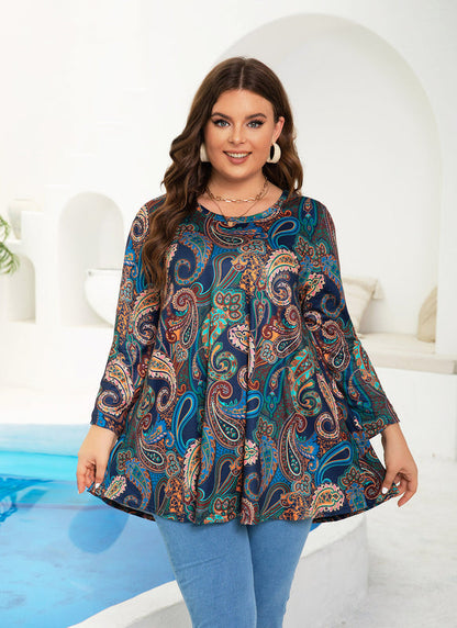 Women's Plus Size Navy Paisley Print Tunic Top | 3/4 Sleeve Swing Blouse with Pockets, Hi-Low Hem, Wear with Leggings – S to 6XL A15