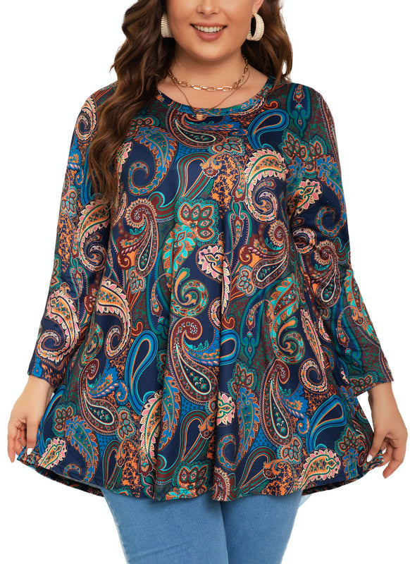 Women's Plus Size Navy Paisley Print Tunic Top | 3/4 Sleeve Swing Blouse with Pockets, Hi-Low Hem, Wear with Leggings – S to 6XL A15