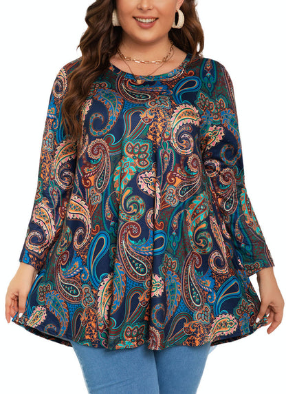 Women's Plus Size Navy Paisley Print Tunic Top | 3/4 Sleeve Swing Blouse with Pockets, Hi-Low Hem, Wear with Leggings – S to 6XL A15
